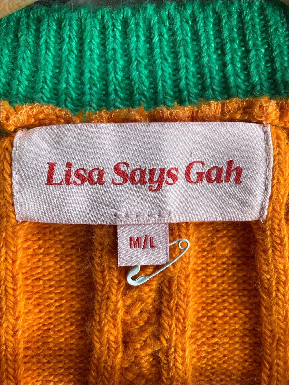 Lisa Says Gah orange & green cable knit sweater vest M/L - Picture 3 of 9